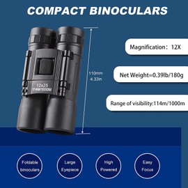 Xnourney 12x25 Compact Binoculars, High Powered Easy Focus Binoculars, Portable Large Eyepiece Binocular for Adults Kids Bird Watching,Opera Concert, Travel, Hiking, Outdoor Scenery, Football Game