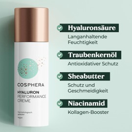 Cosphera Hyaluron performance cream 50 ml – vegan day and night cream, high dosage for face, neck, cleavage, eyes – anti-wrinkle moisture treatment for men and women