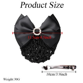 Black Round Rhinestone Satin Bow Snood Net Barrette Elastic Hair Clip Bun Cover Ribbon Barrette with Hairnet Bowknot Decor French Hair Clip for Ballet Dancer Nurse Air Hostess