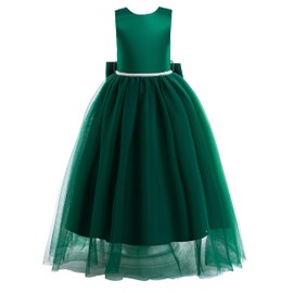 Glamulice Emerald Green Flower Girl Dress Satin Bridesmaid Long A Line Wedding Pageant Dresses Tulle V Open Back Party Gown Photo Shoot Holiday Birthday Formal Princess Dance Ball Gown Prom New Year 6