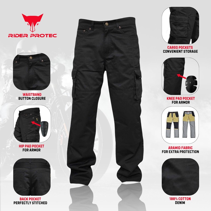 Rider Protec® Mens Motorcycle Cargo Pants Protective Aramid Lining Motorbike