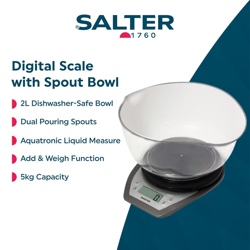 Salter Digital Kitchen Scale With Bowl- 2L Dishwasher Safe Mixing