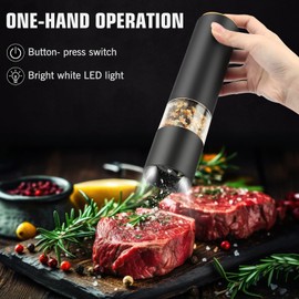 HBESTIE Electric Salt and Pepper Grinder Set, Battery Powered with LED Light, Automatic Salt and Pepper Shakers for Kitchen, One Hand Press Operation Mill Sets with Adjustable Coarseness, 2 Pack