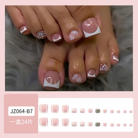 24 Pcs White French Tip Press on Toenails Short Square Rhinestone Fake Toe Nails Pink False Nails Full Cover Glue on Nails Spring Artificial Toenails for Women Girl Nail Design Decoration