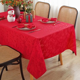 Rectangle Christmas Holiday Tablecloth Jacquard Fabric Table Cloth,Winter Holly Berry Leaf-Pattern Spill-Proof Table Cover for Family Gathering Dinner Decor 60×120 Inches Red