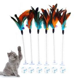 IUHKBH Cat Feather Wands, 6 PCS Spring Cat Teaser Wands with Bell Self Play Feather Toys Interactive Kitten Wand