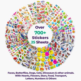 3D Stickers for Children - 25 Puffy Sheets with 700+ Kids Stickers - Perfect for Party Bag Fillers, Scrapbooking, Fun with Stickers of Cars, Letters, Numbers, Dinosaur, Stars, Alphabet & More
