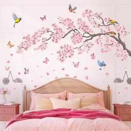 DECOWALL SG2-2427 Pink Flowers and Bird Wall Stickers Cherry Blossom Tree Branch Decals Bedroom Living Room Sofa TV Background Wall Décor Murals Floral Peel and Stick Spring