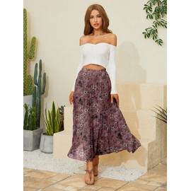 NASHALYLY Women's Chiffon Elastic High Waist Pleated A-Line Flared Maxi Skirts, Dusty Pink Floral, XX-Large