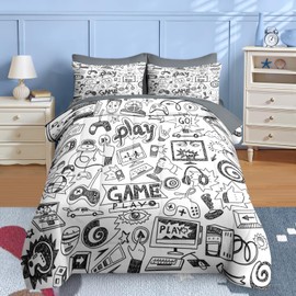 Nesker 7 Pcs Comforter Set Full Size, Computer Games Doodles Bedding for Kids Teen, Gamer Gaming Blackwith Fitted Sheet 2 Pillowcases & 2 Shams for Bedroom Bed Decor