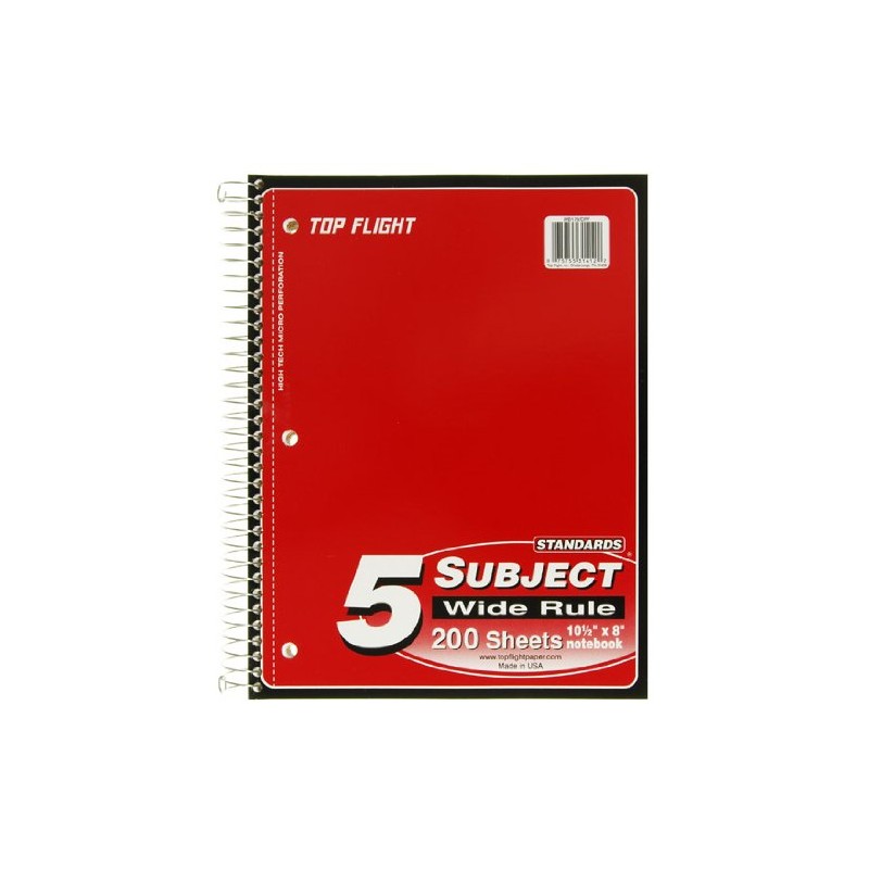 Top Flight Standards 5-Subject Wirebound Notebook, 200 Sheets, 3-Hole Punched,