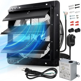 Hiorucet 10" Wall Mounted Shutter Exhaust Fan with Speed Controller and Power Cord Kit, Adjustable Temperature Thermostat with fire shut off fuse, 60HZ, 36W, Copper Motor, Automatic Shutter Attic Fan