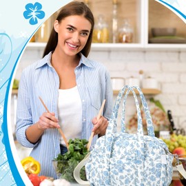 Zhehao Cute Lunch Bag for Women Quilted Insulated Lunch Box with Shoulder Strap Reusable Leakproof Simple Cooler Tote Bag for Adult Teacher Work Travel Outdoor Picnic(Blue Flowers)