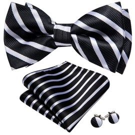 YOHOWA Black White Bow Tie Set Men Striped Adjustable Silk Pre-Tied Bowtie Handkerchief Cufflinks Formal Wedding Party Prom