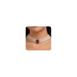 Xerling Vintage 1920s Faux Pearl Choker Necklaces Imitation Pearl Rhinestones Pendant Chains Bridal Wedding Jewelry Necklaces for Costume Party (Red)