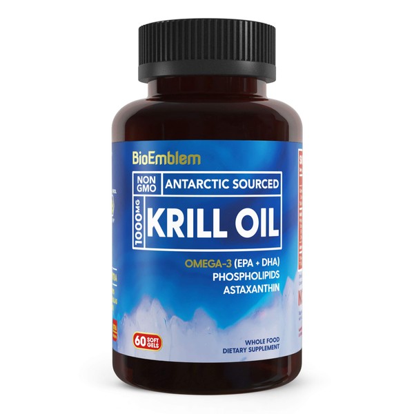 BioEmblem Antarctic Krill Oil Supplement | 1000mg | Omega-3 Oil with High Levels of EPA + DHA, Astaxanthin, and Phospholipids | No Fishy Aftertaste | 60-Count Non-GMO Softgels