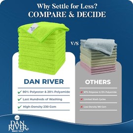 DAN RIVER Paquete de 12 toallas de microfibra verde – Trapos de paño de terry ultra absorbentes, sin pelusa y sin rayas para el hogar, el coche y la c