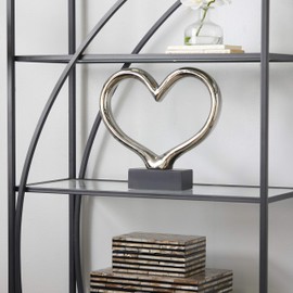 Deco 79 Ceramic Heart Sculpture with Black Base, 13" x 3" x 12", Silver