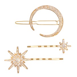 3Pcs Rhinestone Moon Star Hair Clips Metal Bobby Pins Vintage Crystal Hairpins for Women Girl Wedding Birthday