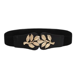 Chaungfu Skinny Belts for Women ,golden leaves Belts Fashion Dress Belts Stretch Women Waist Belts Plus Size Elastic Waist Band for Dresses.(Black) 65x4cm