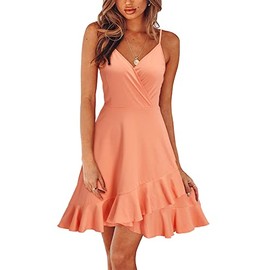 ULTRANICE Pink Dresses Womens Spring Summer 2025 Trendy Casual Wrap Flowy V Neck Adjustable Spaghetti Outfits Clothes Party Wedding Guest Dress Semi Formal Graduation Midi Sundress(Peach,M)