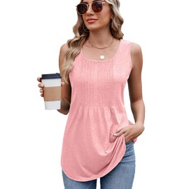 Famulily Women's Summer Vest Tops Front Pleated Crew Neck Sleeveless Shirts Loose Tank Tops for Ladies (L, Pink)