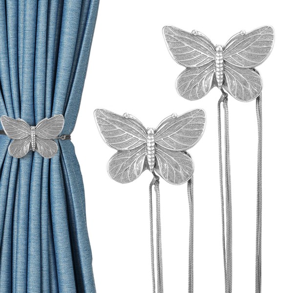 Shinowa 2-Pack Magnetic Curtain Tiebacks, Butterfly Resin Window Curtain Decorative Clips, No Drilling Drapery Holdbacks Curtain Holders for Office Home Room Decor, Silver