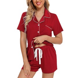 Pjmlifecoco Womens Pajama Sets Shorts Casual Sleepwear Summer Two Piece Nightwear Set Wine Red