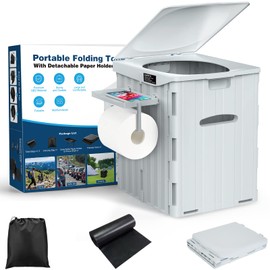 XL Portable Toilet for Adults Extra Large, 15.4"H Foldable Camping Toilet with Detachable Phone Shelf and Toilet Paper Holder, Waterproof Porta Potty with Lid for Camping, Long Road Trips, Car, Gray