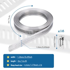 JIZZU Hose Clamp Kit DIY 16.4Feet Metal Strap + 16 Stronger Fasteners Large Adjustable Clamp Worm, Gear Band Hose Clamps Screw Clamps Duct Pipe Metal Clamp Strapping for Pipe, Plumbing, Tube