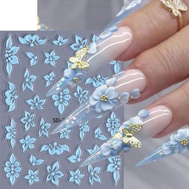 5D Flower Nail Stickers for Nail Art Colorful Floral Nail Decals 4PCS Self-Adhesive White Blue Yellow Green Nails Design Sticker Flowers Nail Art Supplies for Women DIY Nail Decorations Charms