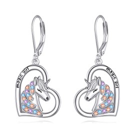 S925 Sterling Silver Unicorn Dangle Drop Earrings for Women Coloured Zirconia Leverback Unicorn Jewellery Gifts, Sterling Silver, No Gemstone