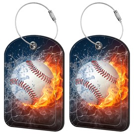 iapodiad 2 Pack Cute Luggage Tag for Suitcases Baseball in Fire and Water Leather Luggage Tags with Stainless Steel Loop Privacy Flap Name Tags,Men and Women Travel Bag Suitcase Tags