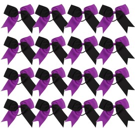 Cheer Bows 6 Inch 2 Color Ponytail Holder Hair Tie 16 Pcs Hair Bow Cheerleader Bows Hair Tie (Black/Purple)