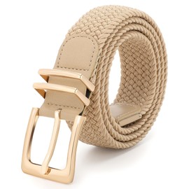 JASGOOD Women Braided Woven Elastic Stretch Belt Men Web Casual Belt for Pants Jeans with 2 Gold Loop(Beige,Gold Buckle,Fit Pant Size 32-38inch)