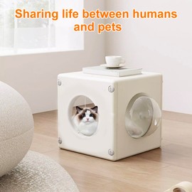 Cat House for Indoor Use,Combinable Plastic Cat Cube Tunnel Peekaboo cat Cave for Kitty,with Scratching Board and Cushion Preferable (White)