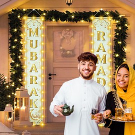 2 In 1 Ramadan Eid Mubarak Door Banner Decorations Ramadan Mubarak Front Door Porch Sign Eid Al Fitr Moon Hanging 2 In 1 Banner Decor for Home Indoor Outdoor Party Supplies（Gold）