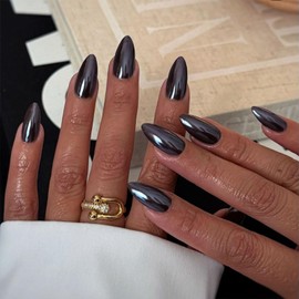 Medium Press on Nails Almond Fake Nails with Chrome Designs Glossy Nails Press ons Black Full Cover Glue on Nails Daily Wear Simple Acrylic Artificial Stick on Nails for Women 24Pcs