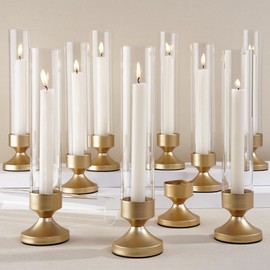 Hurricane Glass Candle Holders, Set of 10 Metal Taper Candlesrick Holders for Centerpieces Tall Gold Candle Stands Bulk with Glass Cylinder for Wedding Birthday Party Table Decor