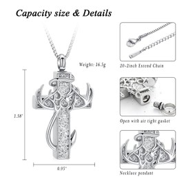 XSMZB Cross Cremation Jewelry Urn Necklace for Human Ashes Fish Hook Memorial Urn Pendant Deer Antler Cross Ashes Holder Keepsake Jewelry(Silver)