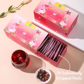 TEAFAY Hibiscus Tea with Rose and Mulberry – 20 Count (40 Cups), 100% Natural, Handpicked, Whole Leaf Pyramid Tea Bags, Individually Wrapped, Caffeine-Free