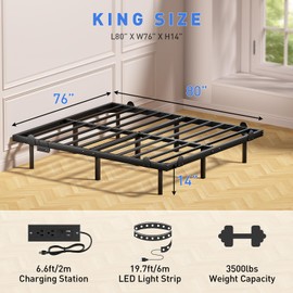 LUKIROYAL Floating Bed Frame King Size with Smart LED Lights and Charging Station - 14 Inch Modern Floating Beds, Bed Frame with Lights, Easy Assembly No Box Spring Needed