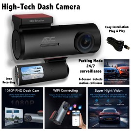 Wi-Fi Dash Camera for Cars FRONT and REAR - Full HD 1080p, Night Vision, App Control & 24H Parking Monitor, 1.5' LCD Screen, 160° Wide Angle, WDR, G-Sensor, Easy Installation