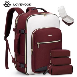 LOVEVOOK Christmas TSA-Friendly Carry-On Travel Backpack with 3 Packing Cubes and Laptop Compartment-Personal Item, Airline Approved Travel Bag for Hiking, Overnight and Weekend Trips,Gift for Christmas - Color: Wine Red-beige-black, SIZE: 50L