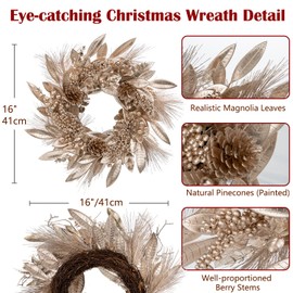 Briful 16" Christmas Wreath Champagne Door Wreath, Artificial Magnolia Leaf Wreath with Berry Clusters Natural Pinecones, Christmas Wreaths for Front Door, Wall Window Christmas Decorations