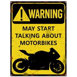 Motorcycle Sign. Warning May Start Talking About Motorbikes. Funny Garage Metal Plaque. Biker Man Cave Décor.