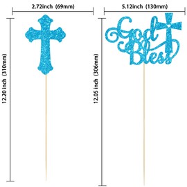 Gyufise 12Pcs God Bless and Cross Centerpiece Sticks Double Sided Cross God Bless Table Flower Centerpieces Sticks First Communion Baptism Decorations for God Bless Theme Party Supplies Blue