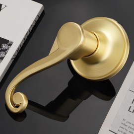 Bonpoly 1 Pack Gold Door Handles, Satin Brass Dummy Door Knob, Interior Door Lever for Closet and Pantry, Door Handle for Left Sided Door, Wave Style Lever