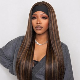 Emistar Yaki Straight Headband Wigs for Black Women, Wear And Go Glueless Half Wig Synthetic Soft Highlight Light Kinky Staight wth Headband Attached 4P27 Mix Brown Wig 20 Inch