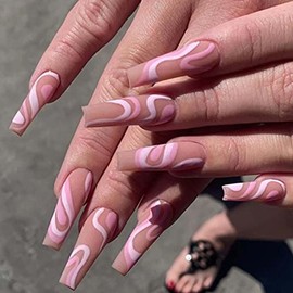Kamize Pink Fake Long Nails Coffin Press on Nails Nude Swirl False Nails Tips Full Cover Acrylic Nails for Women and Girls24PCS